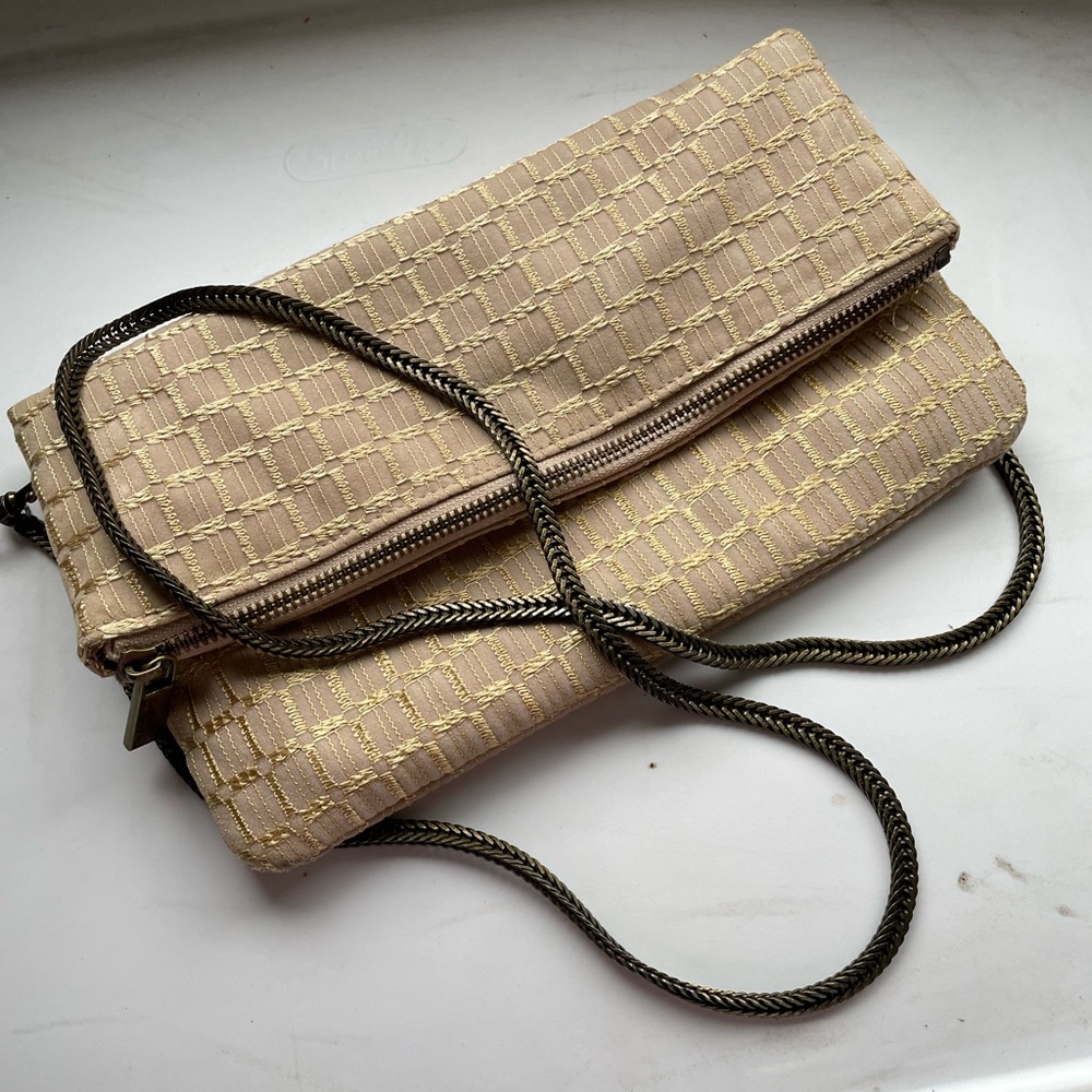 Deux Lux Anthropologie Pink Gold Fold Over Clutch Zipper Strap